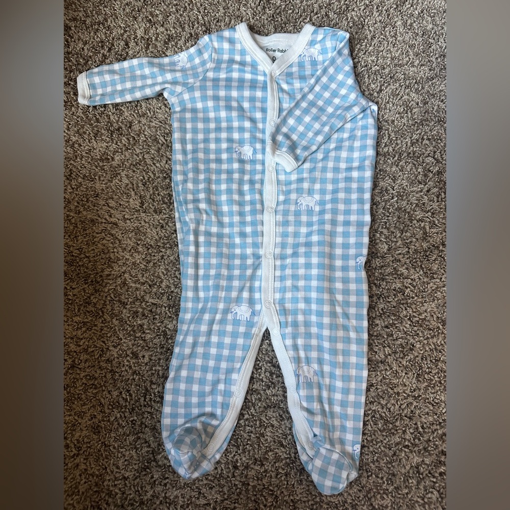 Roller rabbit sleeper blue gingham with elephants 0-3m